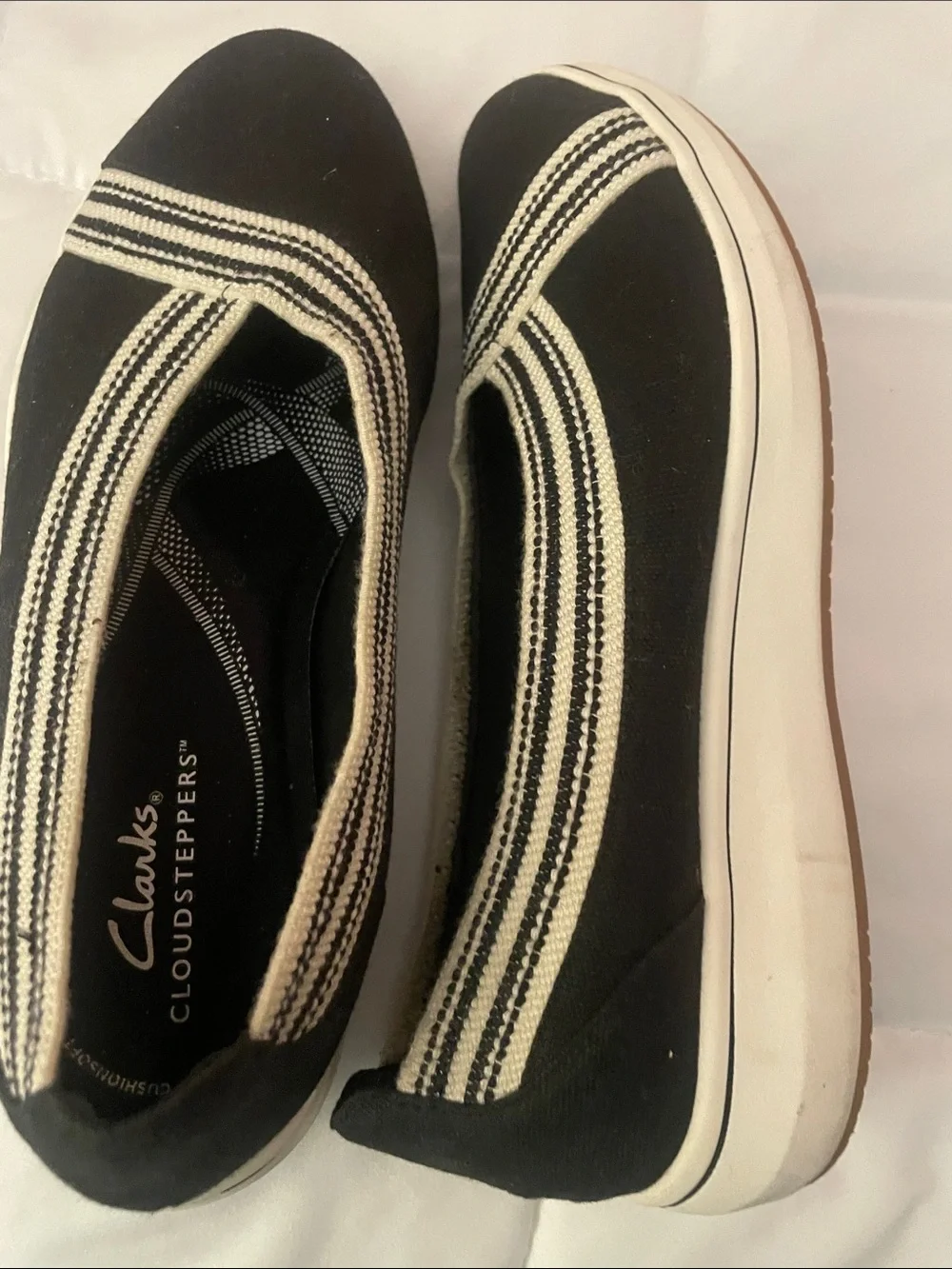 Clarks Black Slip-On Canvas Flats with Cream Stripes NEW